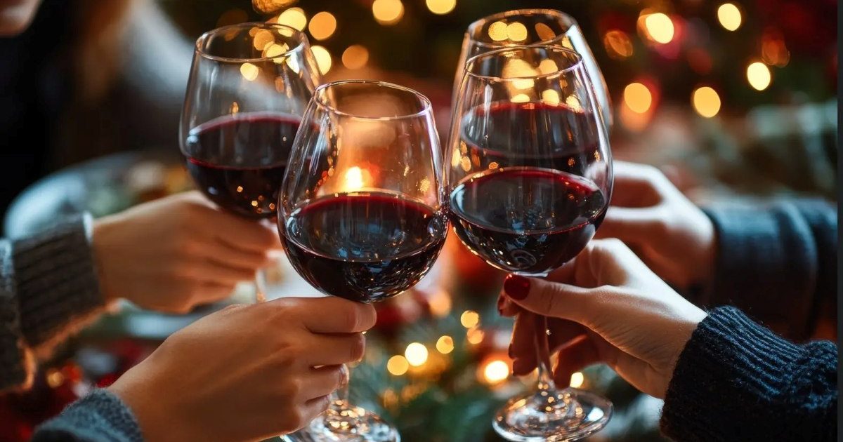 4 prieteni care ciocnesc cate un pahar de vin rosu